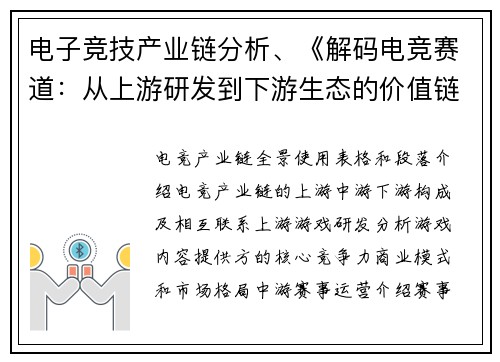 电子竞技产业链分析、《解码电竞赛道：从上游研发到下游生态的价值链突围》